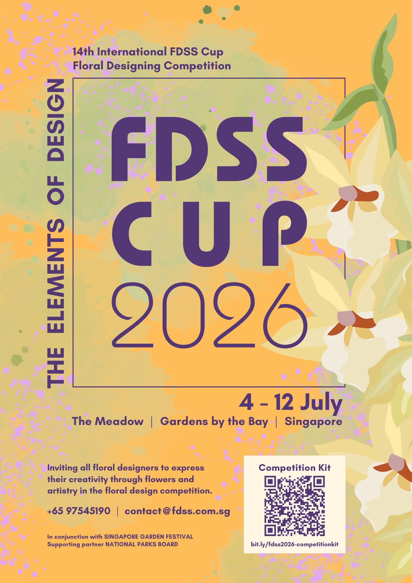 Orange background with illustrated orchids on the right about FDSS CUP 2026